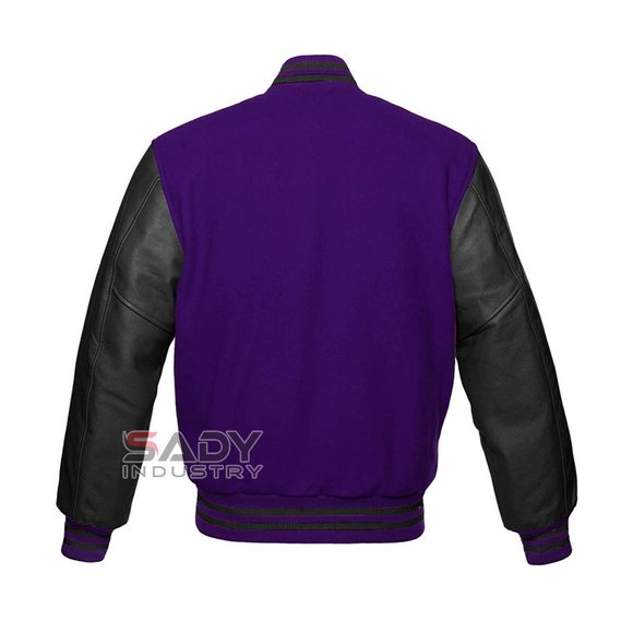 Varsity Letterman Baseball in Purple Wool and Black Leather Sleeves Jacket - Picture 2 of 3